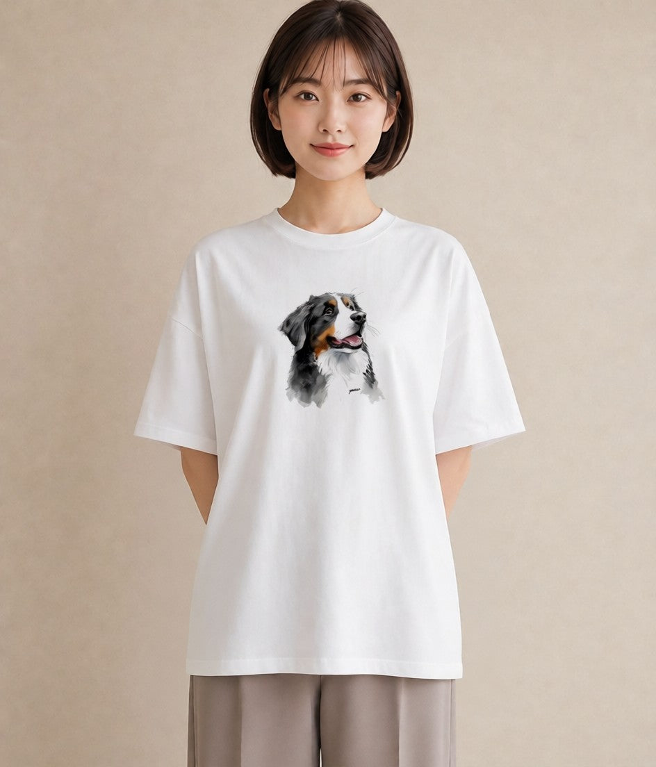 Tシャツ レディース バーニーズマウンテンドッグ 犬 いぬ イラスト ゆるコーデ ラフ レイヤード 白T YMAZO