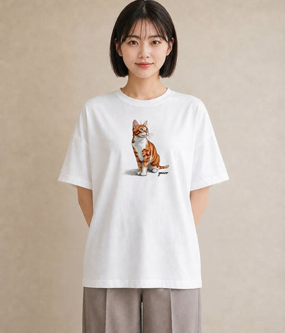 プリントTシャツ レディース おすわり猫 猫 ねこ イラスト モード 送別ギフト 通勤 白T YMAZO