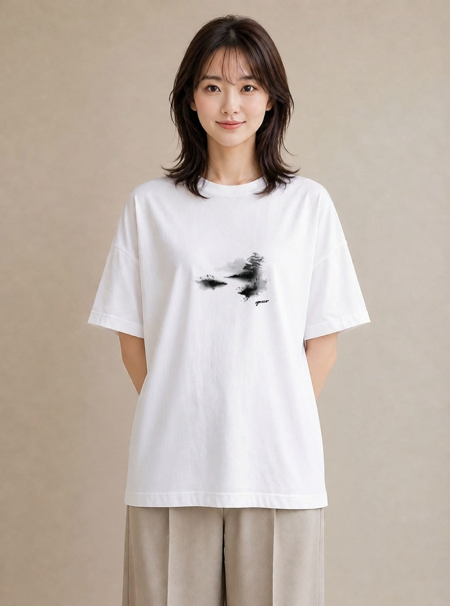グラフィックTシャツ レディース 桟橋 水辺 波止場 ナチュラル アンティーク イラスト ヴィンテージ風 公園 ママ 白T YMAZO