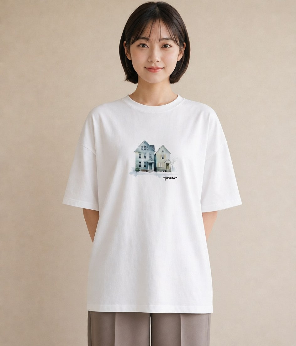 グラフィックTシャツ レディース 湖畔の小屋 湖 小屋 ナチュラル アンティーク イラスト ラフカジュアル 女性 旅行用 白T YMAZO