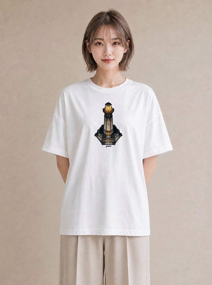 デザインTシャツ レディース 灯台 霧 海 ナチュラル アンティーク イラスト 抜け感 通学 誕生日プレゼント 白T YMAZO