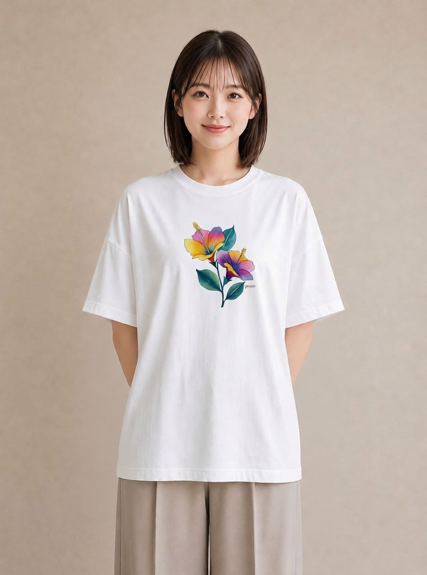 半袖Tシャツ レディース パンジー 花 花柄 イラスト お洒落 女性 旅行用 白T