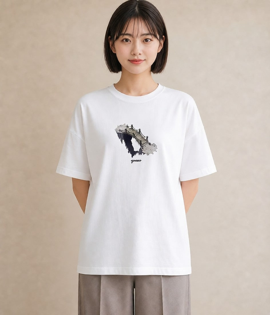 Tシャツ レディース 桟橋 水辺 波止場 ナチュラル アンティーク イラスト お洒落 帰省 ラフ 白T YMAZO