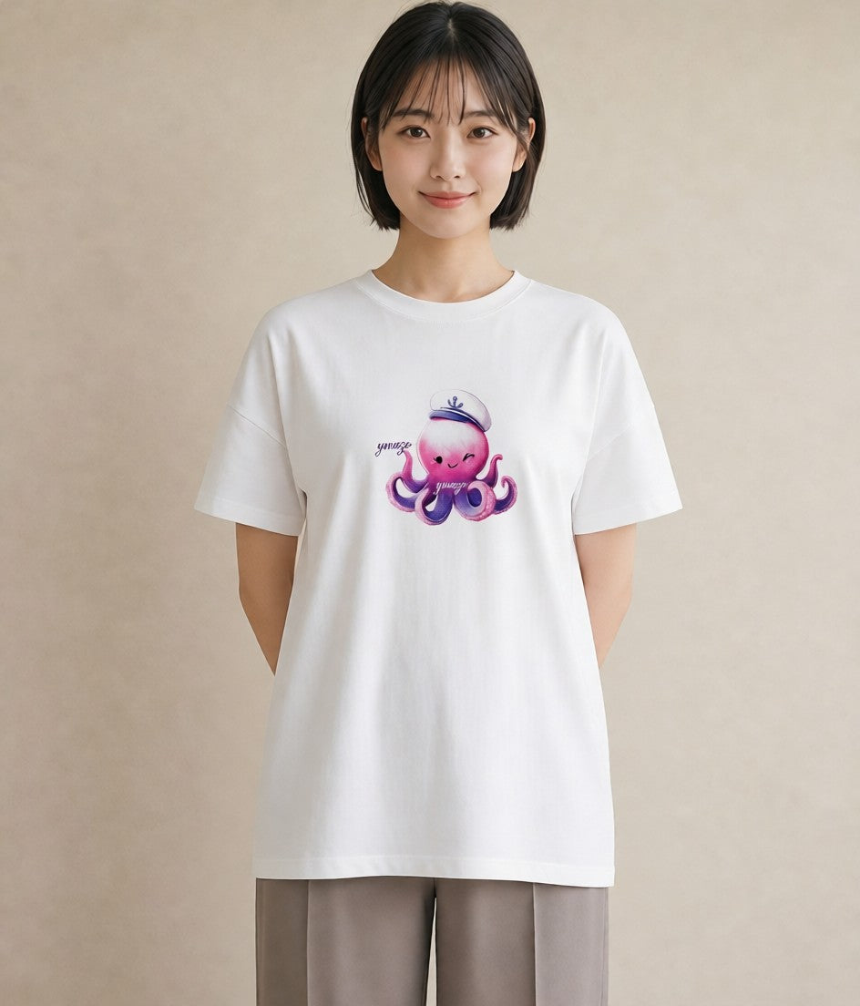 デザインTシャツ レディース タコ 海の生き物 海 イラスト カフェコーデ 休日 ペアコーデ 白T YMAZO