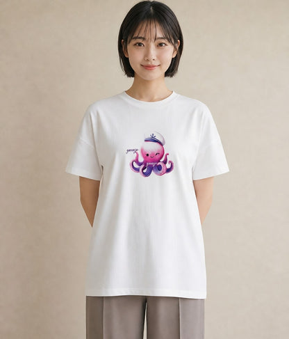 デザインTシャツ レディース タコ 海の生き物 海 イラスト カフェコーデ 休日 ペアコーデ 白T YMAZO