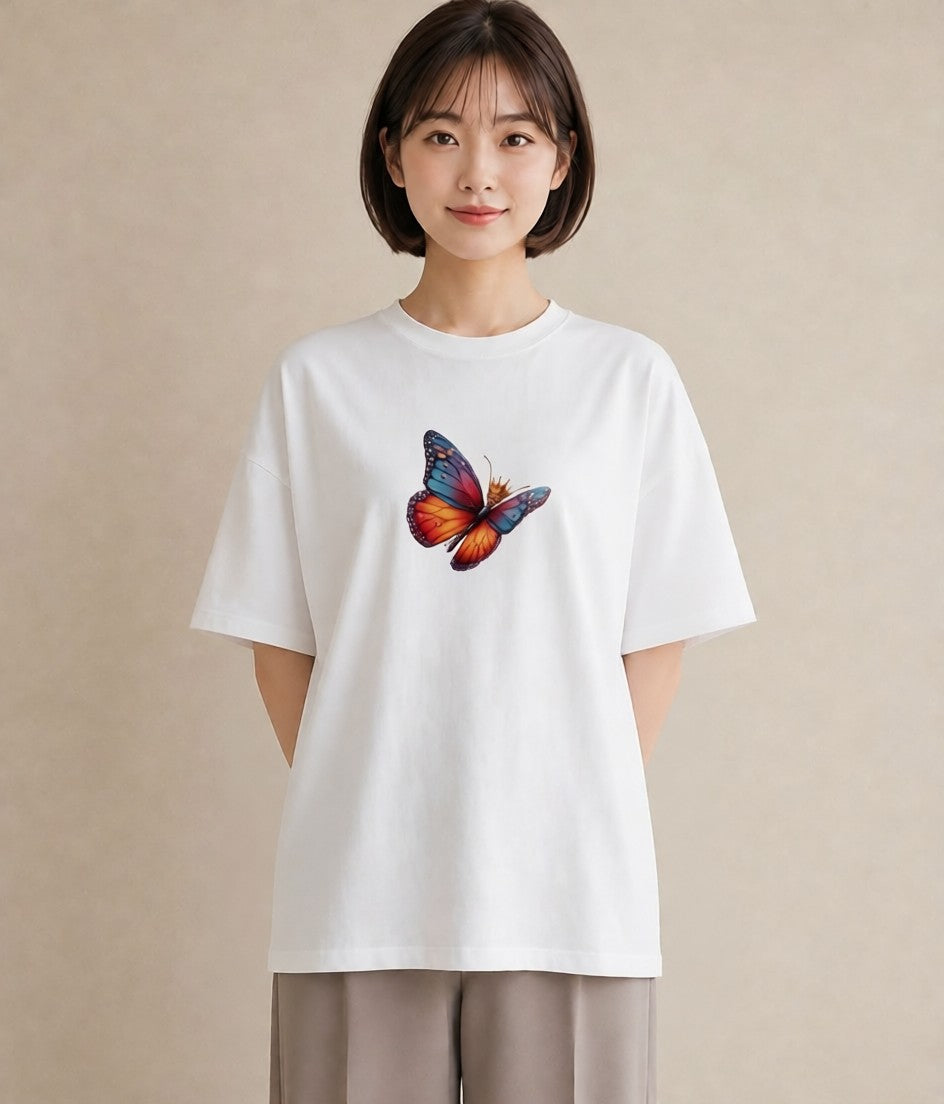 半袖Tシャツ レディース ちょうちょ 蝶 バタフライ 昆虫 虫 イラスト 春服 ミセス 白T YMAZO