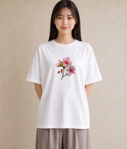 半袖Tシャツ レディース 梅 花 花柄 イラスト きれいめ 週末コーデ 敬老の日 白T