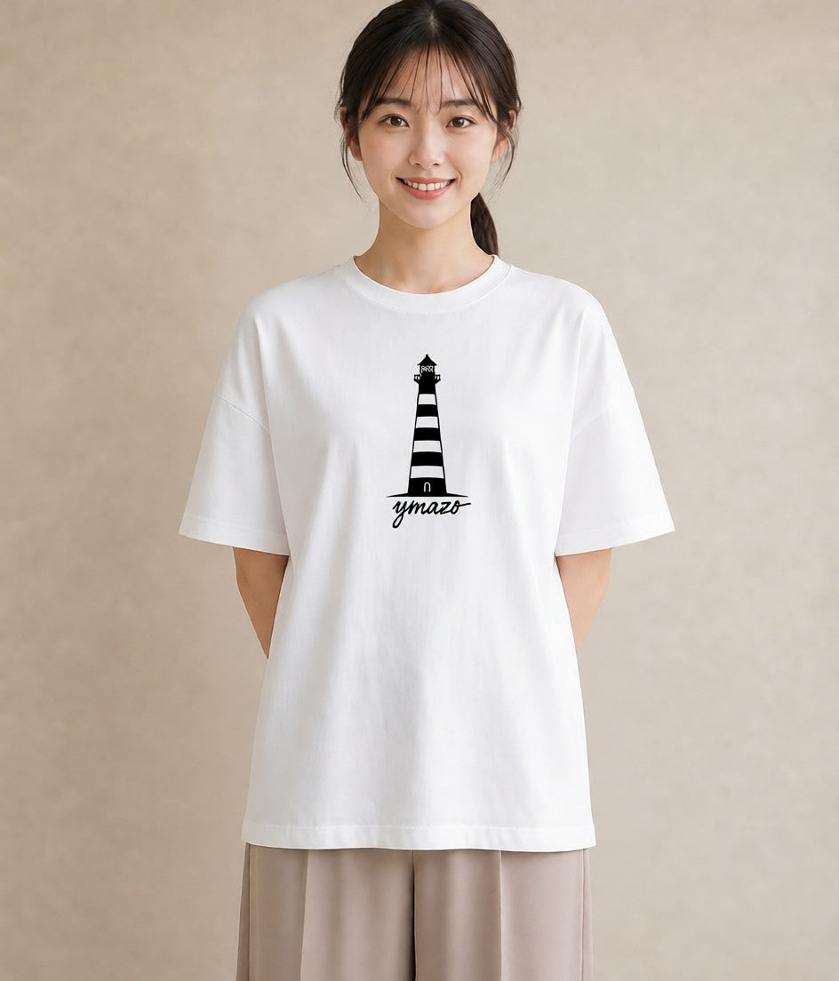 プリントTシャツ レディース 灯台 霧 海 ナチュラル アンティーク イラスト 淡色 ミセス 春コーデ 白T YMAZO