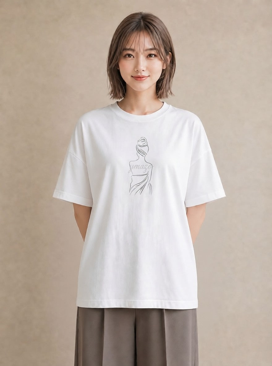 Tシャツ レディース 女の子 ガール 後ろ姿 イラスト ゆるコーデ 買い物 夏コーデ 白T YMAZO