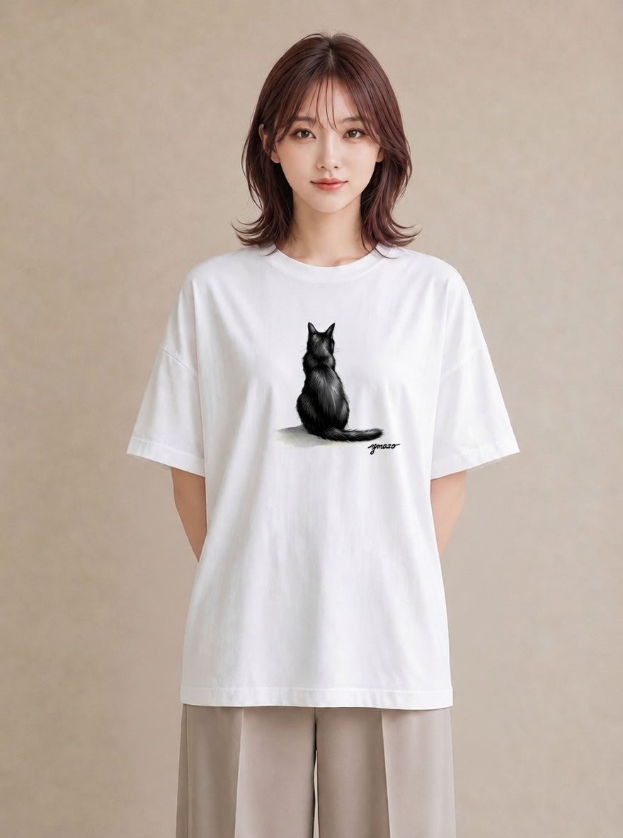 Tシャツ レディース 黒猫 猫 ねこ イラスト ユニーク 散歩 お出かけ 白T YMAZO