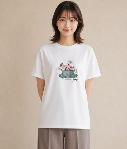 デザインTシャツ レディース 紅茶 食べ物 フード イラスト きれいめカジュアル 旅行用 海 白T YMAZO