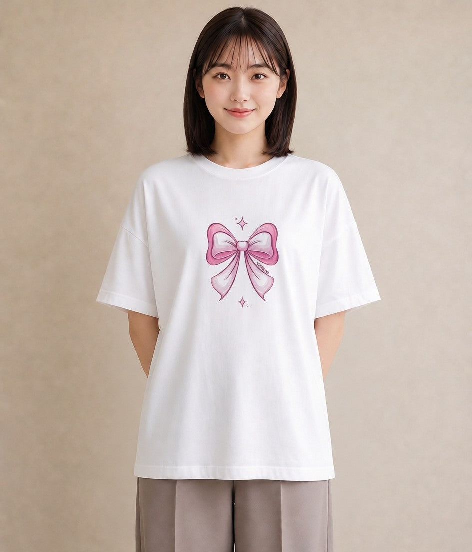 プリントTシャツ レディース リボン 蝶結び ナチュラル アンティーク イラスト ゆるかわ ホワイトデー 春服 白T YMAZO
