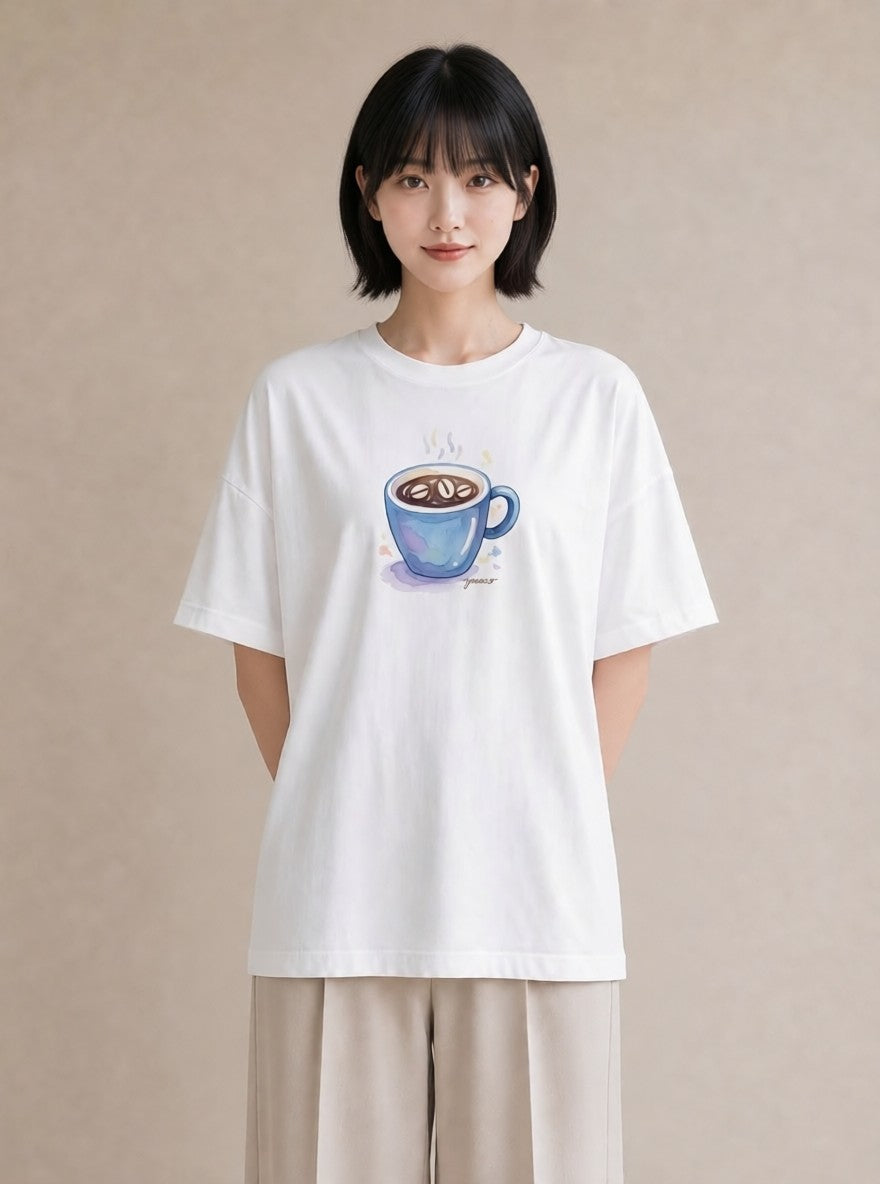 半袖Tシャツ レディース コーヒー カフェ 珈琲 イラスト 普段使い クリスマス 旅行 白T YMAZO