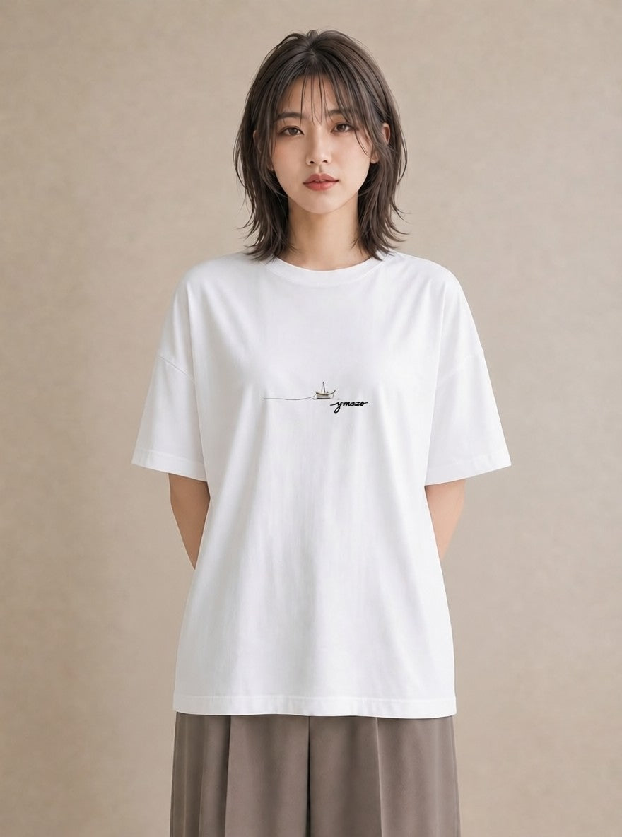 グラフィックTシャツ レディース 桟橋 水辺 波止場 ナチュラル アンティーク イラスト ポップ カジュアルコーデ 買い物 白T YMAZO