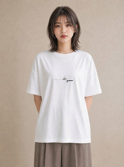 グラフィックTシャツ レディース 桟橋 水辺 波止場 ナチュラル アンティーク イラスト ポップ カジュアルコーデ 買い物 白T YMAZO