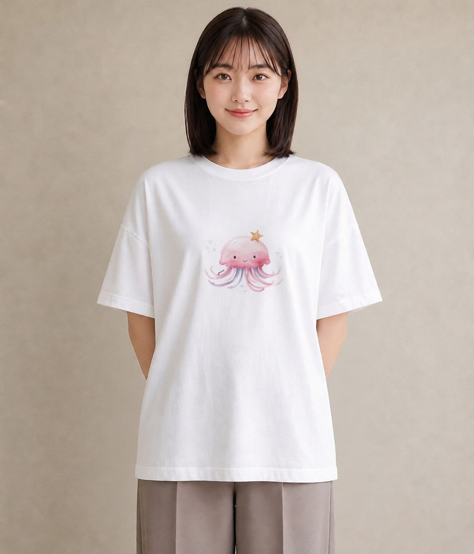 プリントTシャツ レディース くらげ クラゲ 海の生き物 海 イラスト 淡色 ビーチ デイリーウェア 白T YMAZO