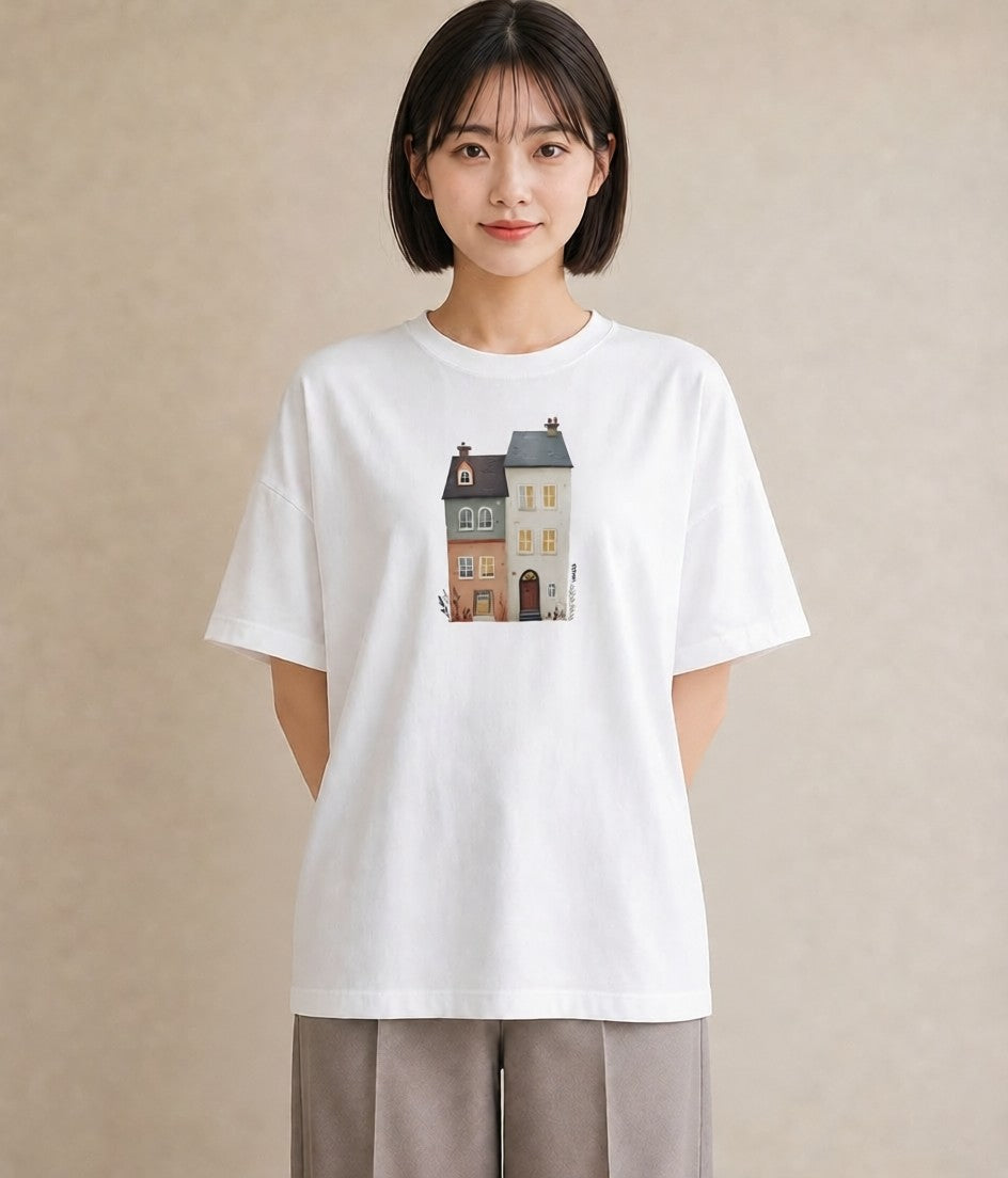 デザインTシャツ レディース 夕暮れ バルコニー 夕焼け ナチュラル アンティーク イラスト ゆるコーデ 旅行 母娘コーデ 白T YMAZO