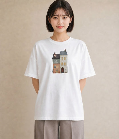 デザインTシャツ レディース 夕暮れ バルコニー 夕焼け ナチュラル アンティーク イラスト ゆるコーデ 旅行 母娘コーデ 白T YMAZO
