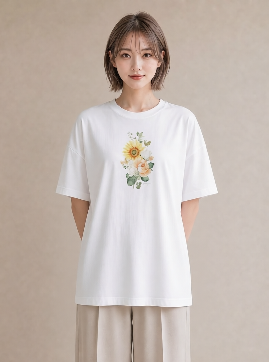 半袖Tシャツ レディース ひまわり 向日葵 花 花柄 イラスト 旅行コーデ クリスマス 旅行 白T