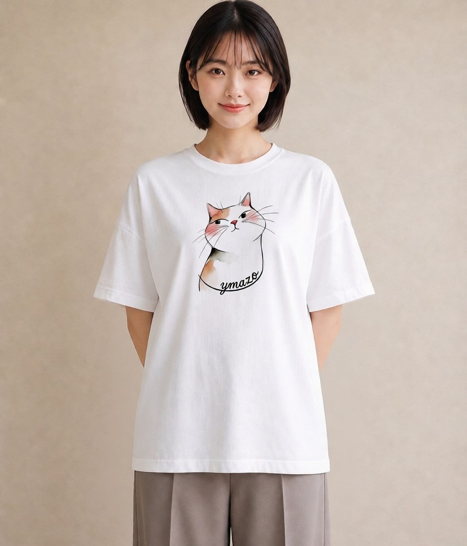 プリントTシャツ レディース 白猫 猫 ねこ イラスト ゆるコーデ 海 カフェ巡り 白T YMAZO