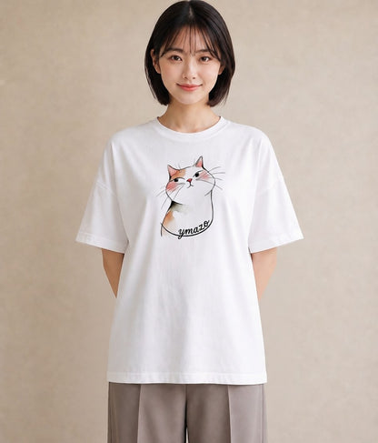 プリントTシャツ レディース 白猫 猫 ねこ イラスト ゆるコーデ 海 カフェ巡り 白T YMAZO