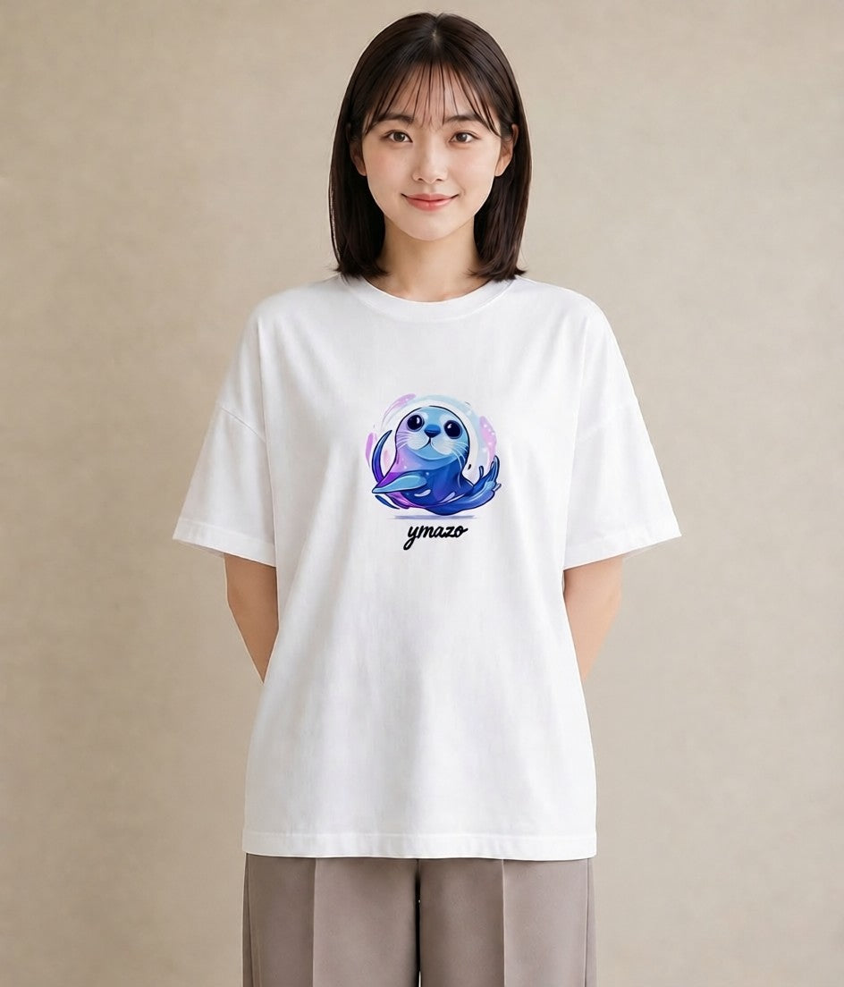 プリントTシャツ レディース ゴマフアザラシ 動物 アニマル イラスト ペアコーデ 秋コーデ 白T YMAZO