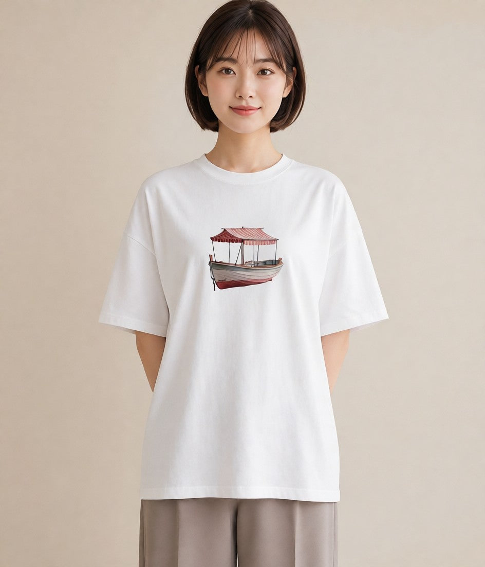 デザインTシャツ レディース 紙の船 水辺 ナチュラル アンティーク イラスト カフェコーデ 親子 20代 白T YMAZO
