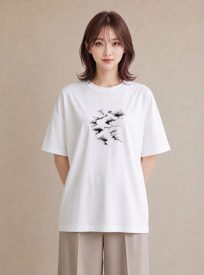グラフィックTシャツ レディース 小川 橋 せせらぎ ナチュラル アンティーク イラスト こなれ感 買い物 夏コーデ 白T YMAZO