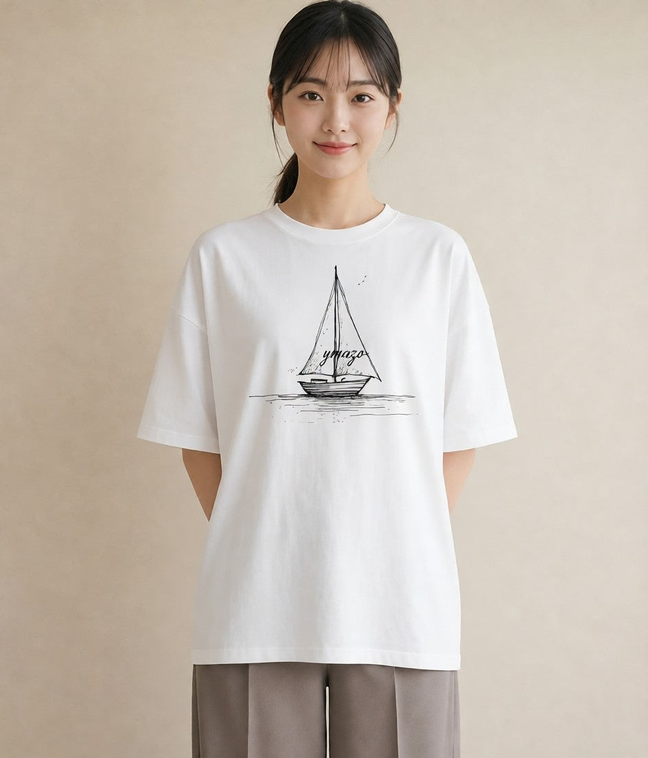半袖Tシャツ レディース 桟橋 水辺 波止場 ナチュラル アンティーク イラスト きれいめ 自分用 ルームウェア 白T YMAZO