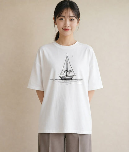 半袖Tシャツ レディース 桟橋 水辺 波止場 ナチュラル アンティーク イラスト きれいめ 自分用 ルームウェア 白T YMAZO