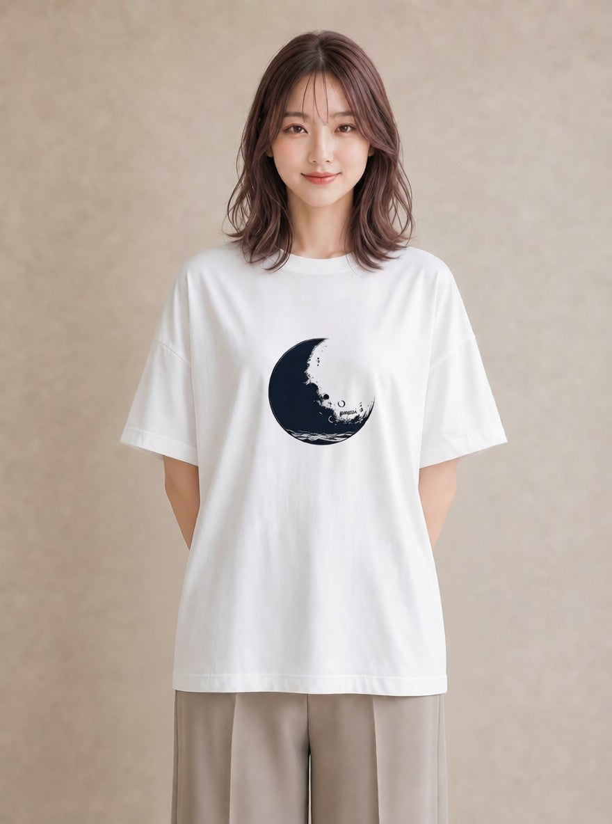 デザインTシャツ レディース 月 星空 宇宙 イラスト 上品 綿100 デート 白T YMAZO