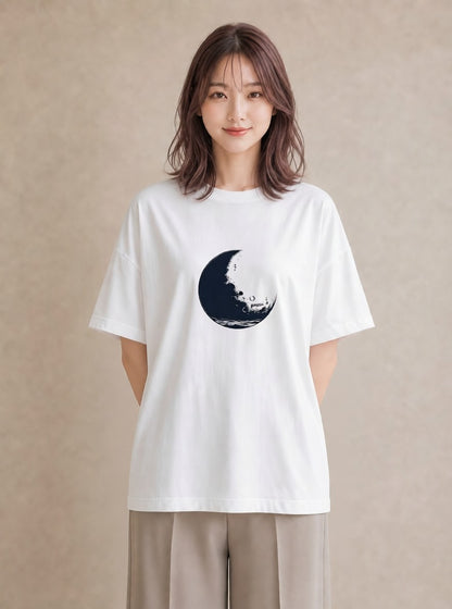 デザインTシャツ レディース 月 星空 宇宙 イラスト 上品 綿100 デート 白T YMAZO