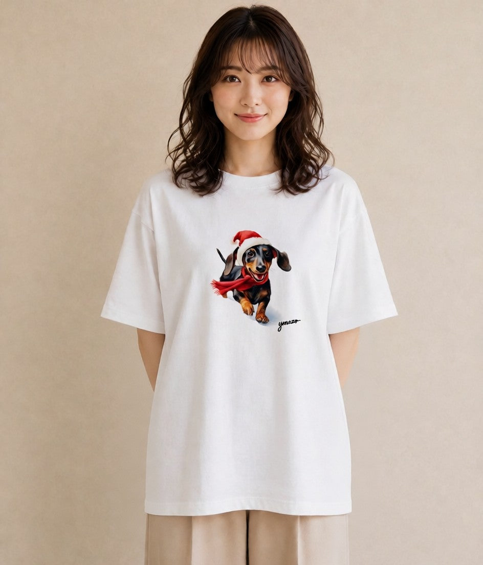 デザインTシャツ レディース ミニチュアダックスフンド 犬 いぬ イラスト モード ママ カフェ服 白T YMAZO