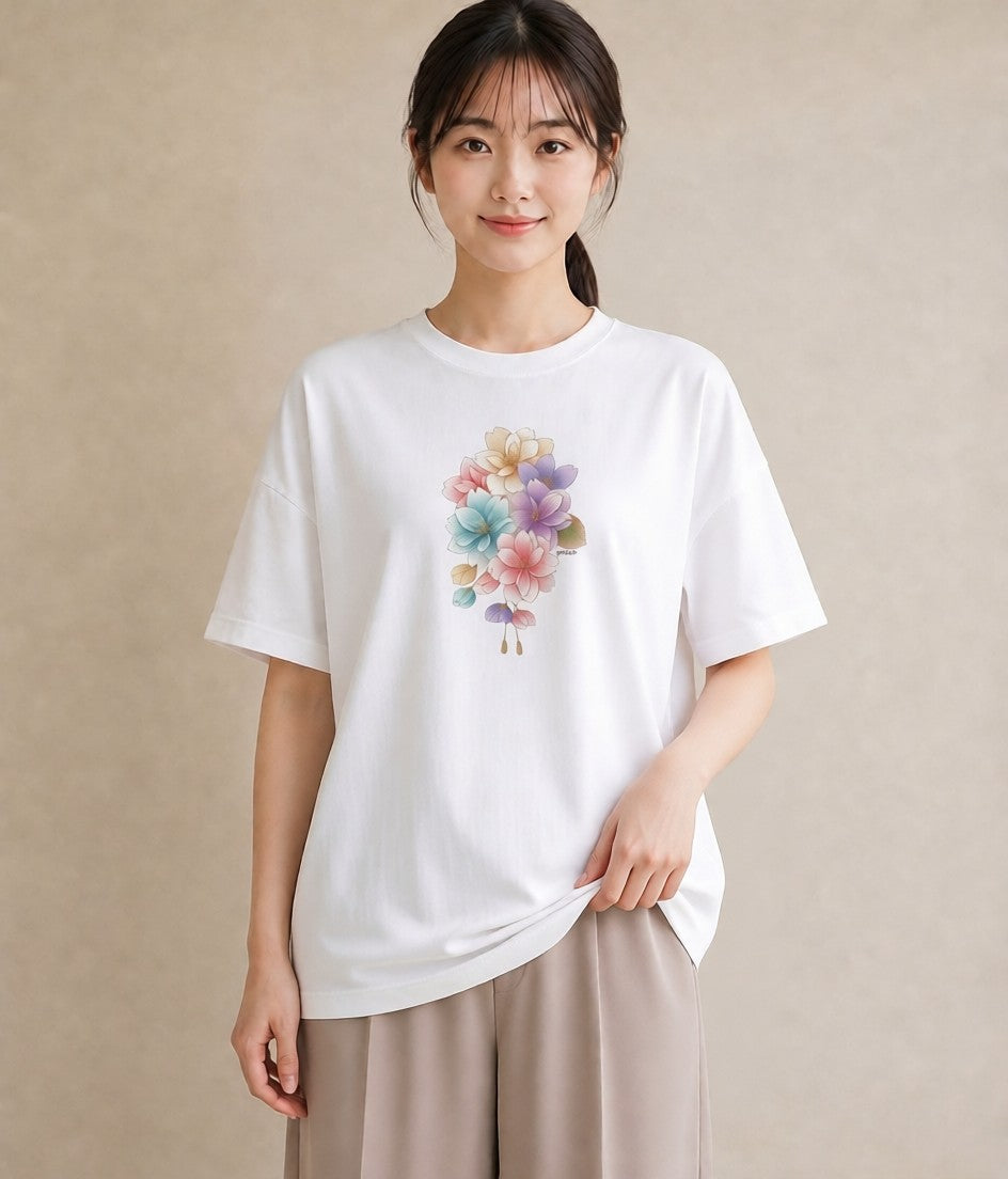 グラフィックTシャツ レディース 花 花柄 イラスト ガーリー 女性向けギフト 散歩 白T YMAZO