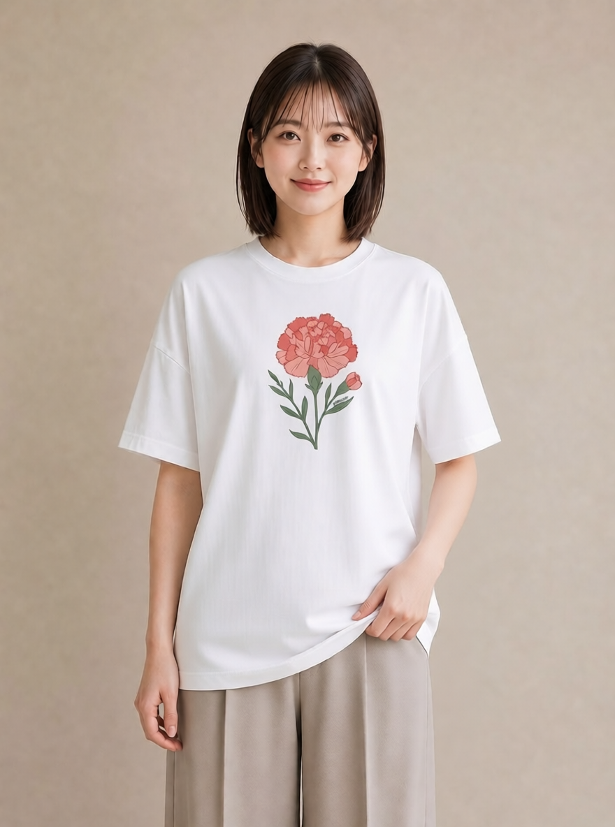 プリントTシャツ レディース カーネーション 花 花柄 イラスト 線画 通勤 在宅 白T YMAZO
