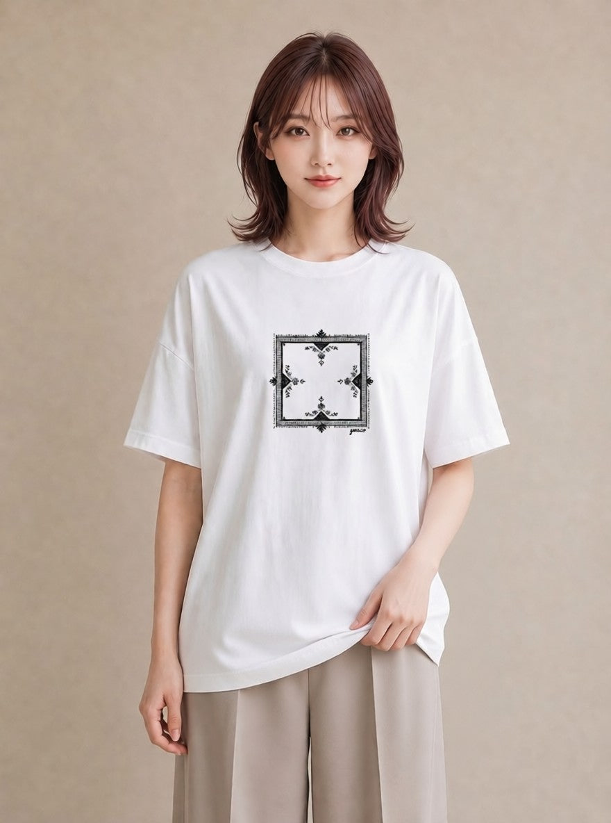 デザインTシャツ レディース レースハンカチ レース ハンカチ ナチュラル アンティーク イラスト きれいめ レイヤード 友達ギフト 白T YMAZO