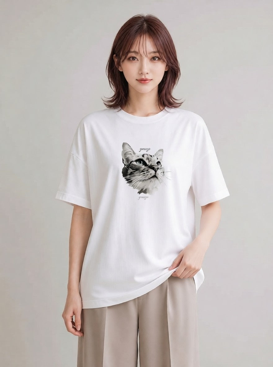 プリントTシャツ レディース 猫 ねこ イラスト ユニーク レイヤード 友達ギフト 白T YMAZO