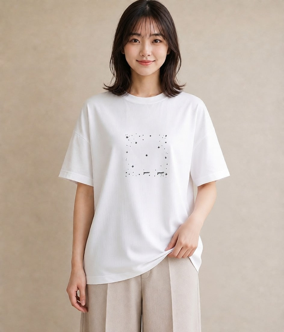 デザインTシャツ レディース 月と星 星空 ムーン イラスト きれいめ 通勤 在宅 白T YMAZO