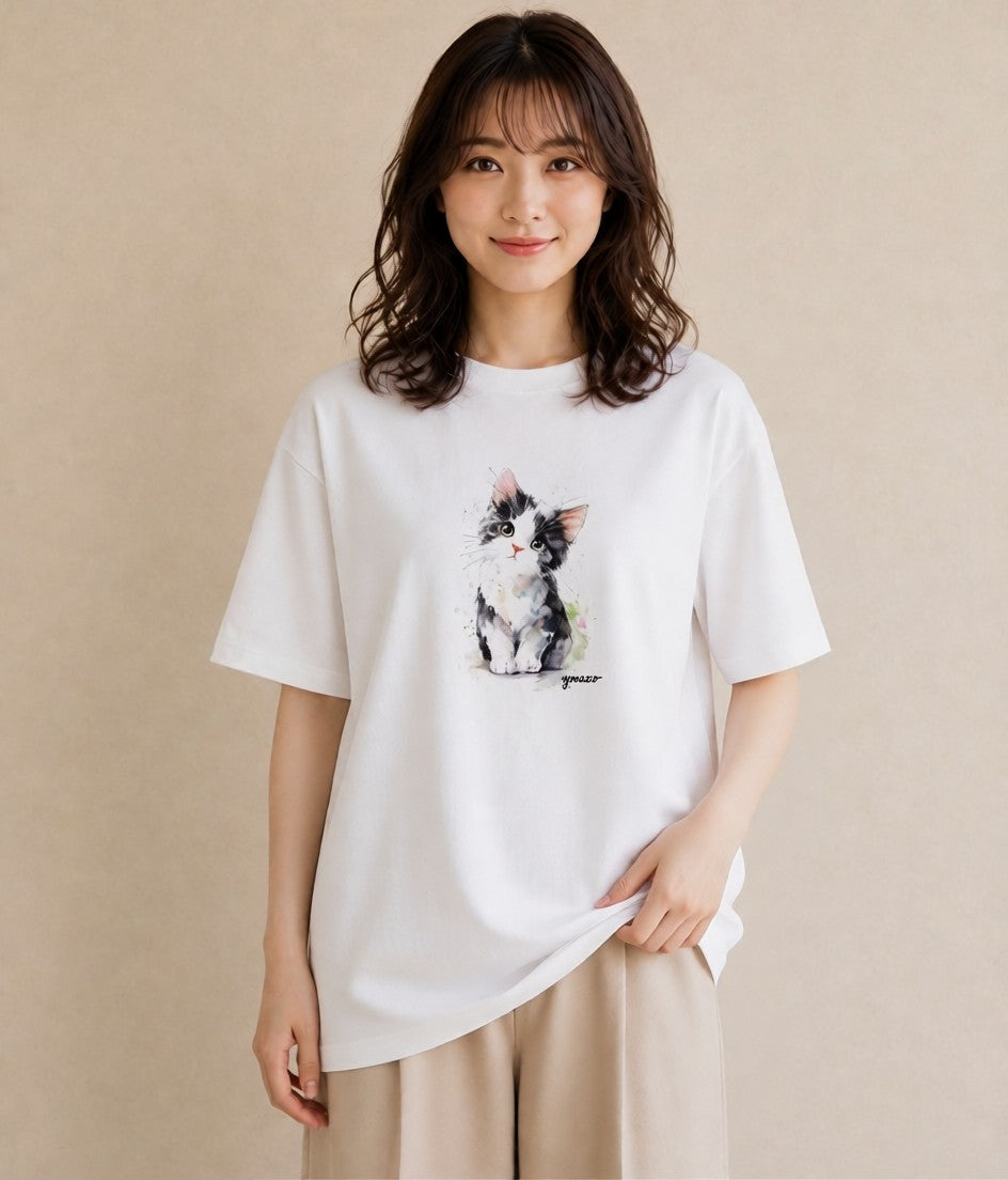 半袖Tシャツ レディース 三毛猫 みけねこ 三毛 猫 ねこ イラスト フェミニン 散歩 お出かけ 白T YMAZO