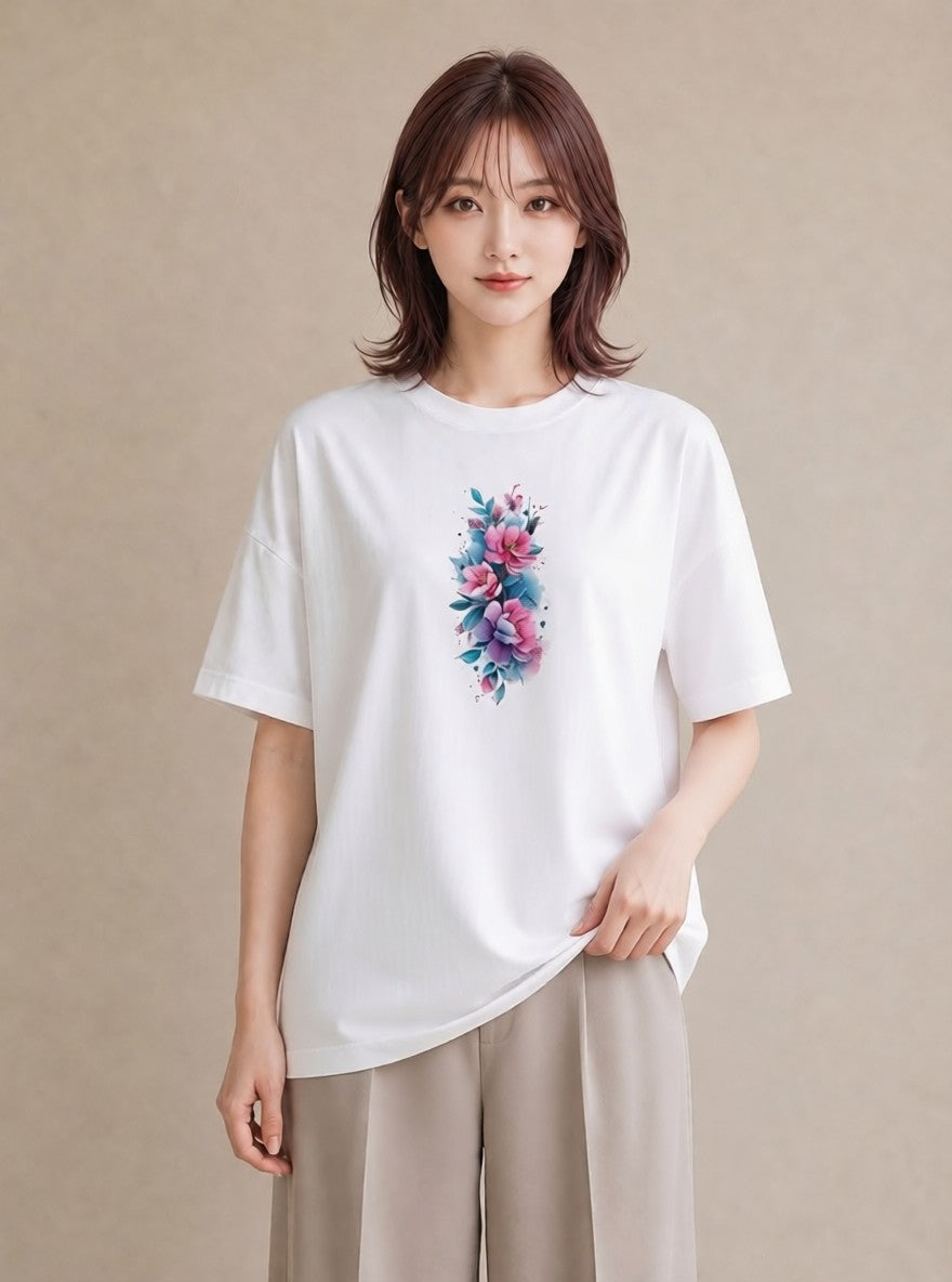 グラフィックTシャツ レディース 牡丹 花 花柄 イラスト ボタニカル 買い物 夏コーデ 白T YMAZO