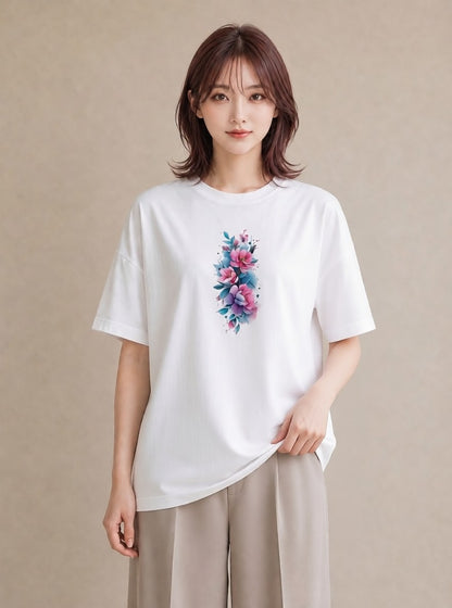 グラフィックTシャツ レディース 牡丹 花 花柄 イラスト ボタニカル 買い物 夏コーデ 白T YMAZO