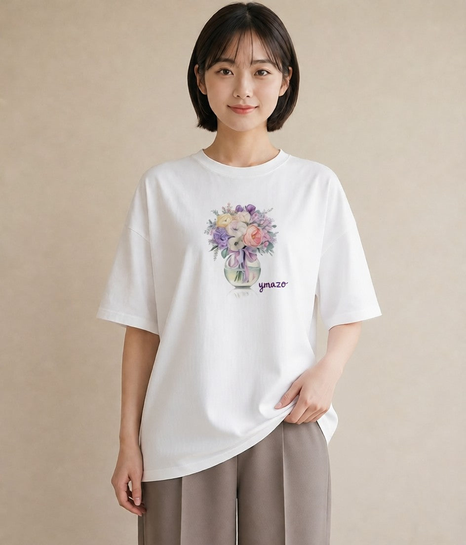 プリントTシャツ レディース ガラス瓶 小枝 ボタニカル ナチュラル アンティーク イラスト シック 通勤 在宅 白T YMAZO