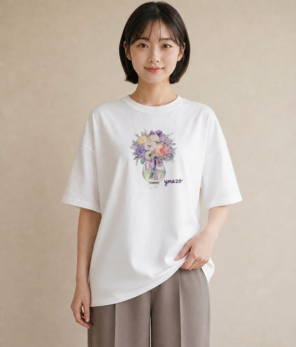 プリントTシャツ レディース ガラス瓶 小枝 ボタニカル ナチュラル アンティーク イラスト シック 通勤 在宅 白T YMAZO