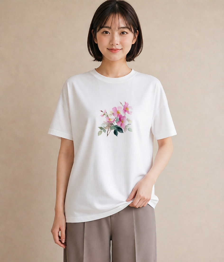 半袖Tシャツ レディース 椿 花 花柄 イラスト 旅行コーデ 週末コーデ 敬老の日 白T