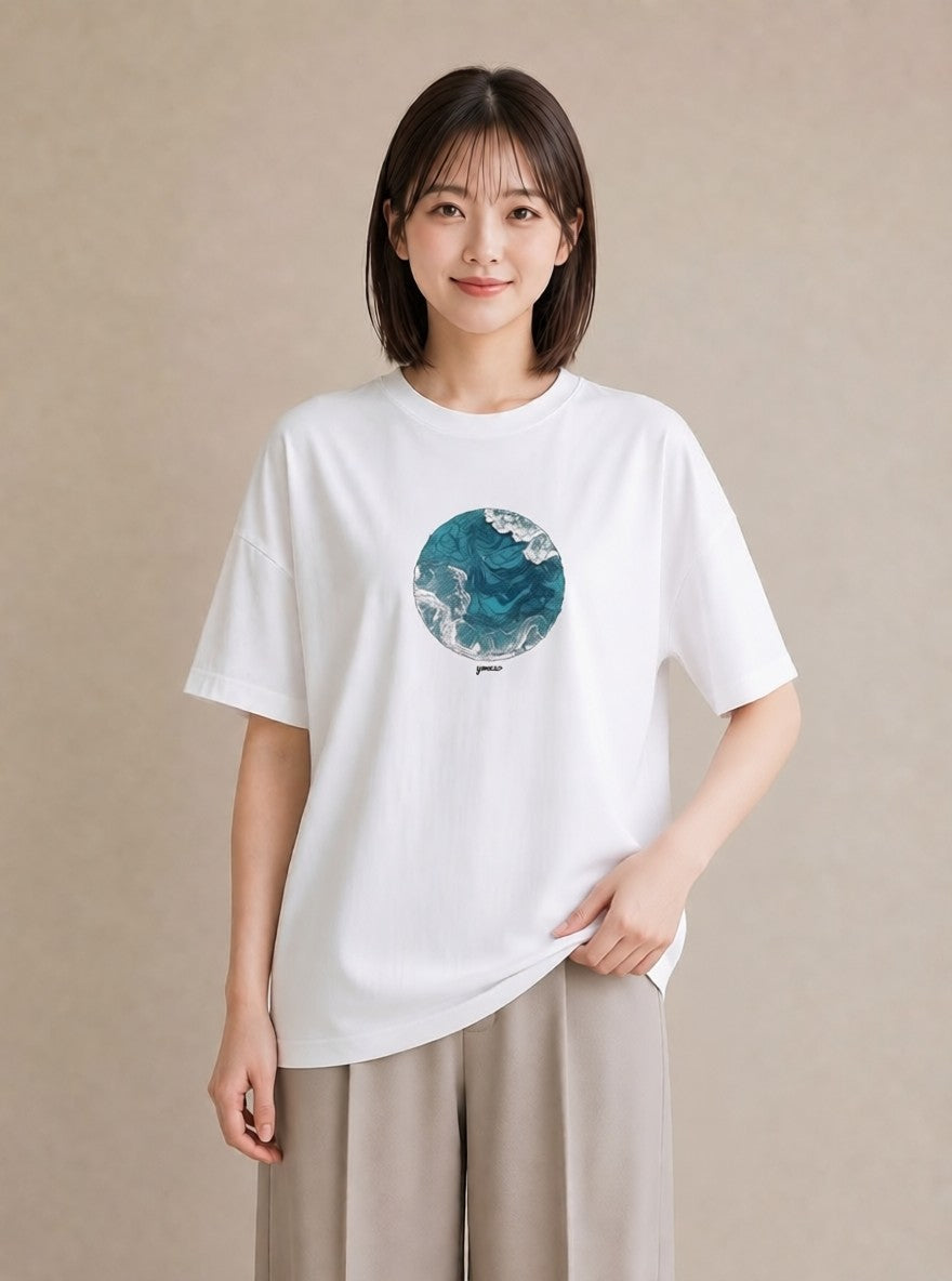 デザインTシャツ レディース 波 星空 宇宙 イラスト きれいめカジュアル 女性 旅行用 白T YMAZO