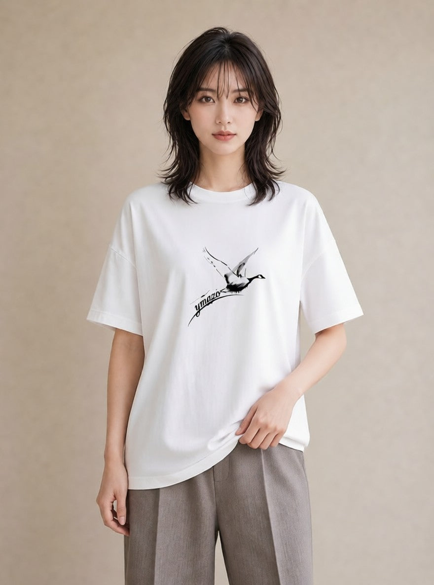 Tシャツ レディース ハクチョウ 動物 アニマル イラスト フェミニン 通勤 在宅 白T YMAZO