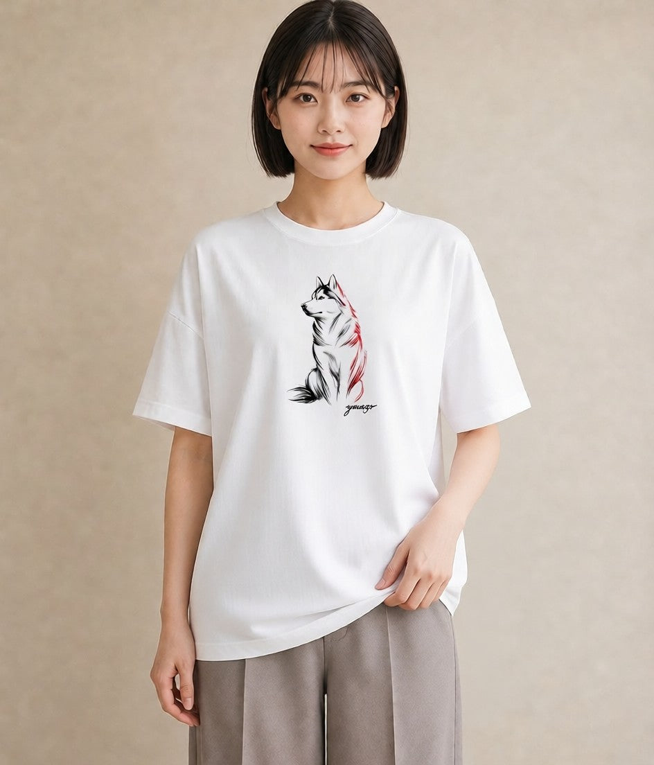 Tシャツ レディース シベリアンハスキー 犬 いぬ イラスト 母の日 ビーチ 白T YMAZO