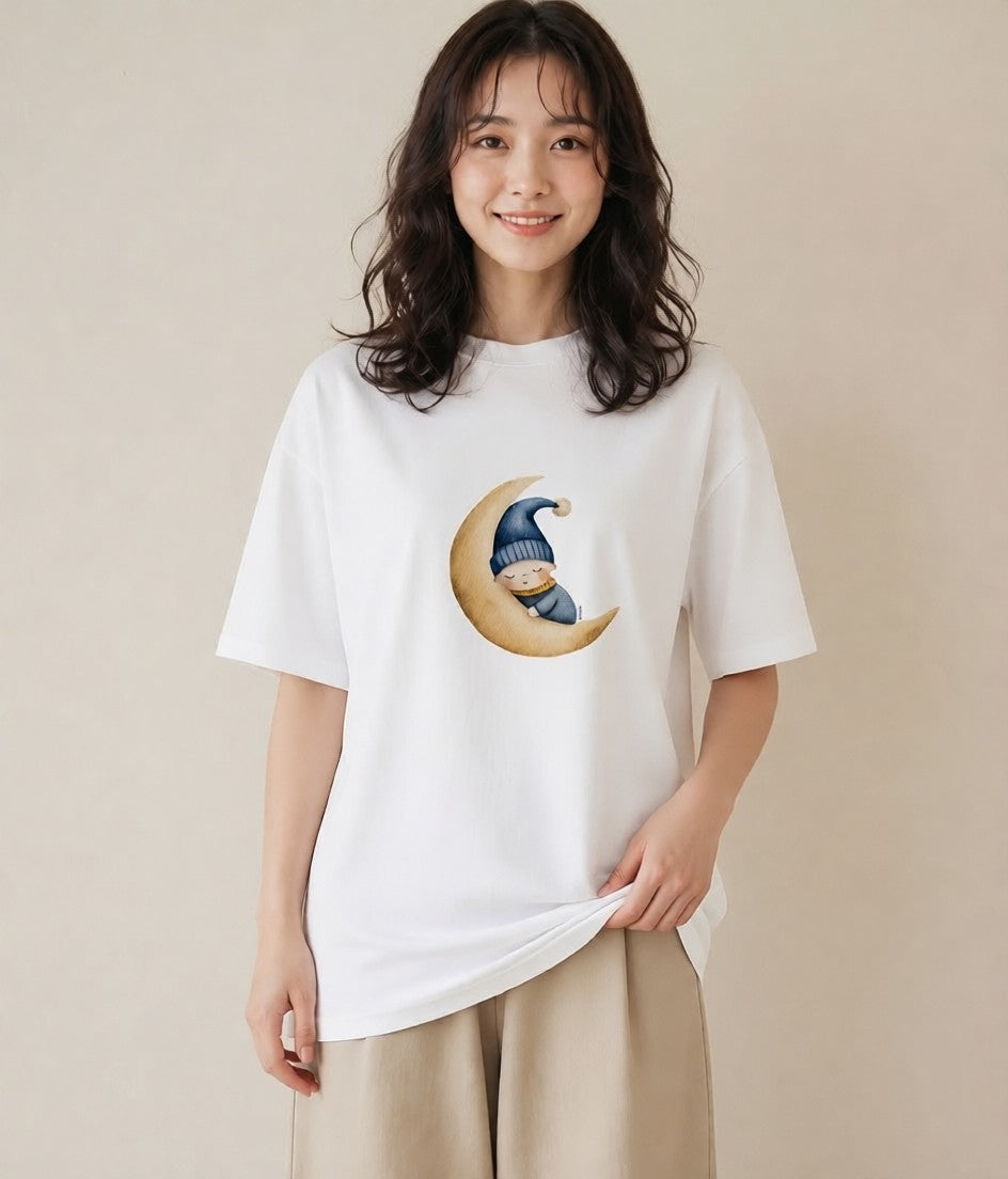 Tシャツ レディース 三日月 星空 宇宙 イラスト アート風 ミセス 春コーデ 白T YMAZO