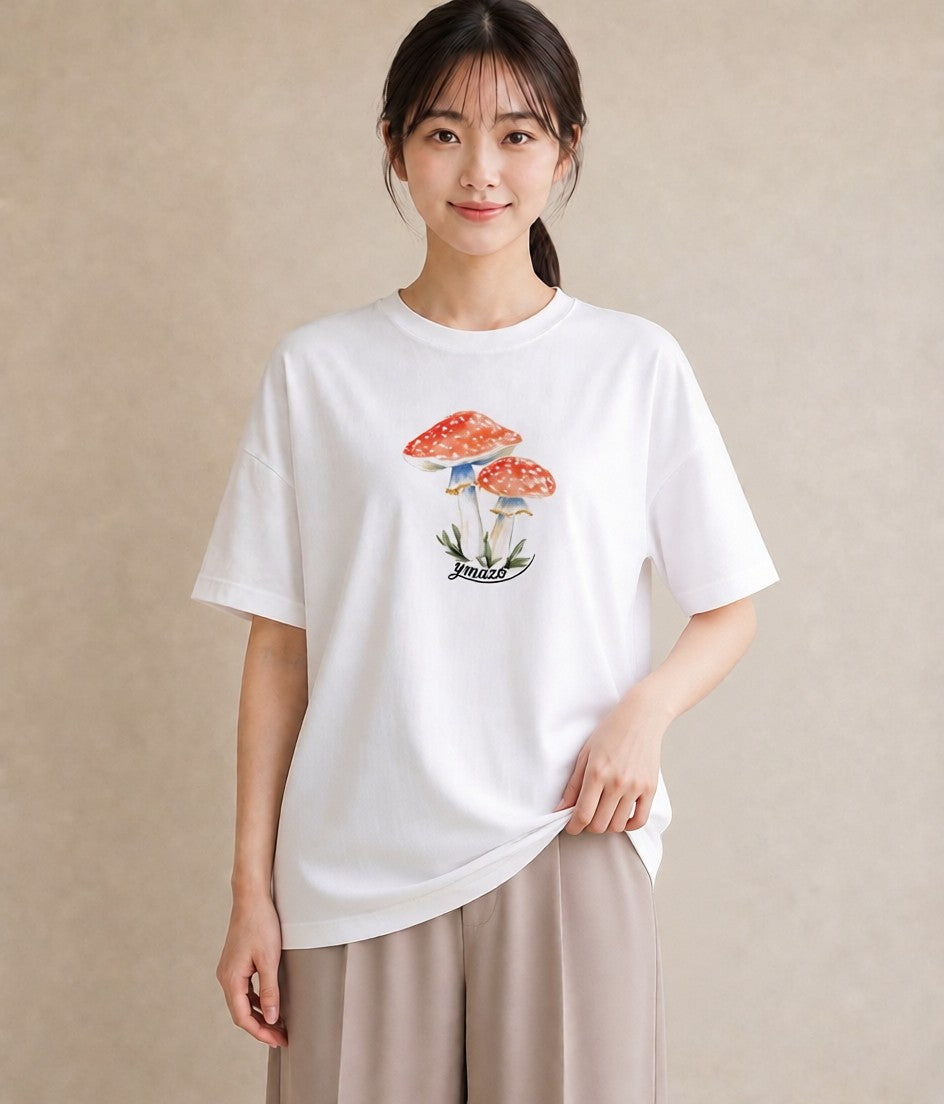 グラフィックTシャツ レディース きのこ 植物 ボタニカル イラスト 可愛い ホワイトデー 春服 白T YMAZO