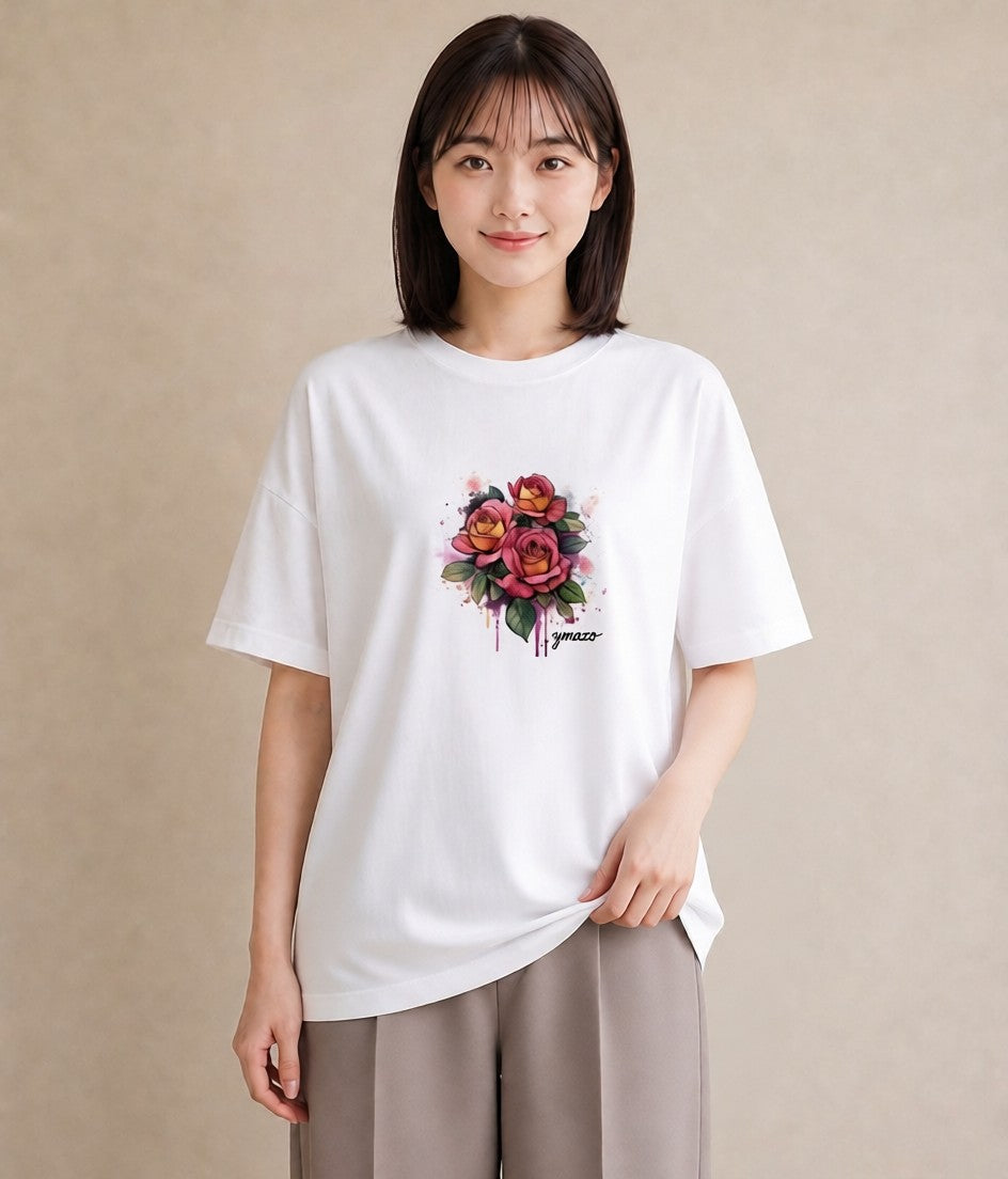 プリントTシャツ レディース バラ 薔薇 ローズ 花 花柄 イラスト 普段使い お出かけ 普段着 白T YMAZO